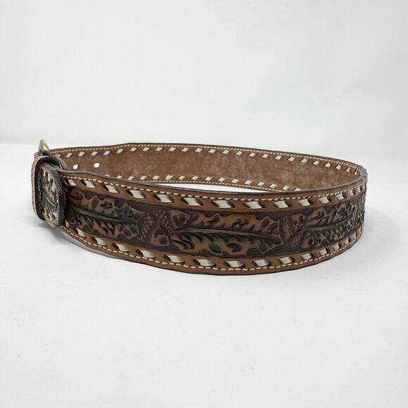 Tory Full Grain Cowhide Brown Leather Tooled Acorn Oak Leaf Laced Belt Size 30 - Picture 4 of 12